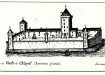 Restitution de la façade sud-ouest du château par J. Sandre, fin XIXe siècle. Les proportions des bâtiments sur ces restitutions sont sans doute exagérées. - © Académie de Mâcon