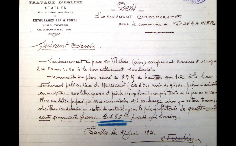 Devis du monument de Vaudebarrier par Furtin à Charolles (Archives départementales 71) - © PCB
