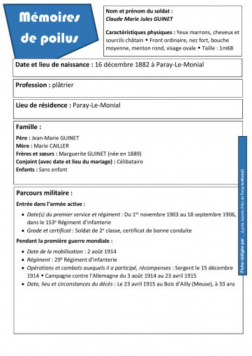Fiche d identite claude marie jules guinet