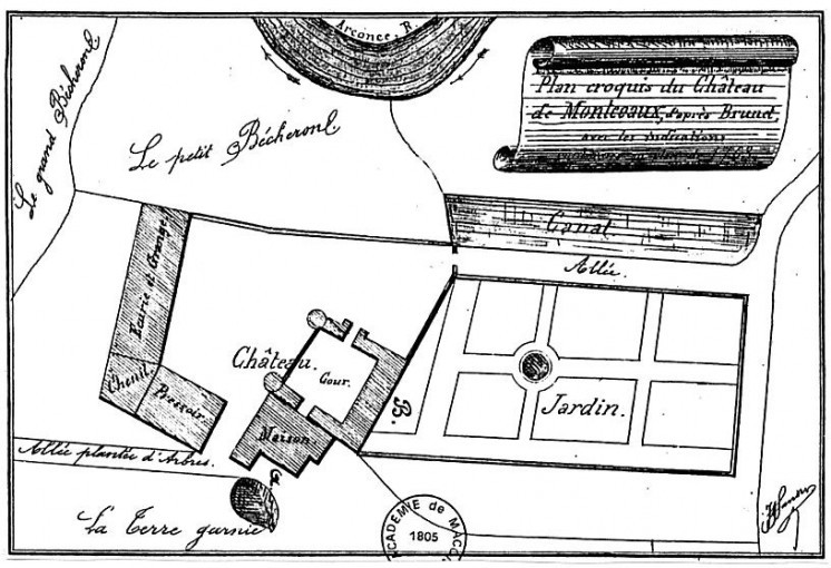 Plan du domaine, avant les travaux du marquis de Vichy (restitution par Joseph Sandre, déb. XXe s.). On remarque les deux tours circulaires sur le château - © Académie de Mâcon 