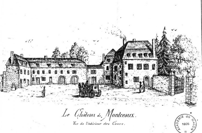 Vue du château de Montceau (restitution par Joseph Sandre, déb. XXe s.). Les deux bâtiments avec toits mansardés constituent probablement le corps de logis - © Académie de Mâcon